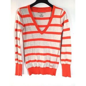 Aeropostale Y2K Knit Sweater Medium Deep V Striped Colorful Logo Preppy Twee